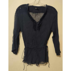 Lucky Brand Navy Blue Silk 3/4 Sleeve Blouse Size M